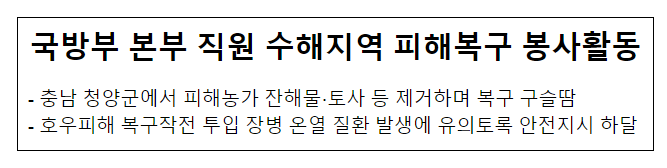 국방부 본부 직원 수해지역 피해복구 봉사활동 국방부 본부 직원 수해지역 피해복구 봉사활동