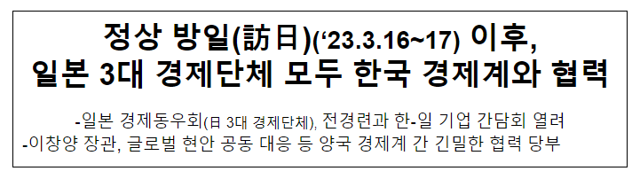 정상 방일(訪日)(‘23.3.16~17) 이후, 일본 3대 경제단체 모두 한국 경제계와 협력 정상 방일(訪日)(‘23.3.16~17) 이후, 일본 3대 경제단체 모두 한국 경제계와 협력