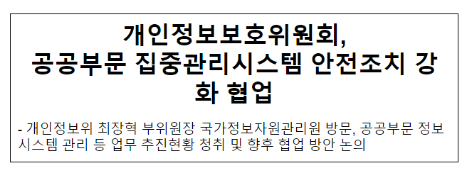 개인정보보호위원회, 공공부문 집중관리시스템 안전조치 강화 협업 개인정보보호위원회, 공공부문 집중관리시스템 안전조치 강화 협업