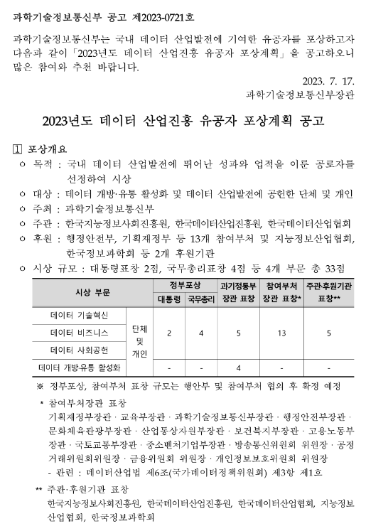 2023년 데이터 산업진흥 유공자 포상계획 공고 2023년 데이터 산업진흥 유공자 포상계획 공고