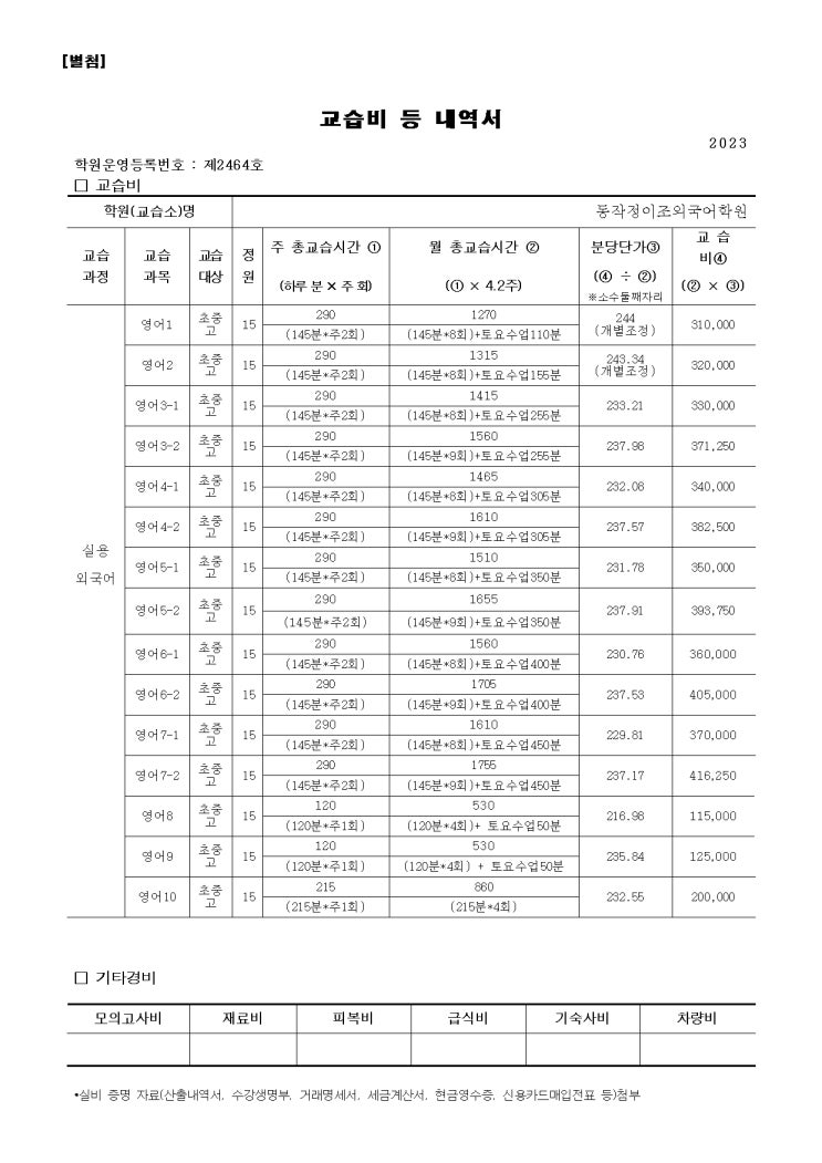 [동작 영어학원] 동작캠퍼스 수강료 안내