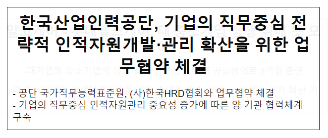 한국산업인력공단, 기업의 직무중심 전략적 인적자원개발·관리 확산을 위한 업무협약 체결 한국산업인력공단, 기업의 직무중심 전략적 인적자원개발·관리 확산을 위한 업무협약 체결