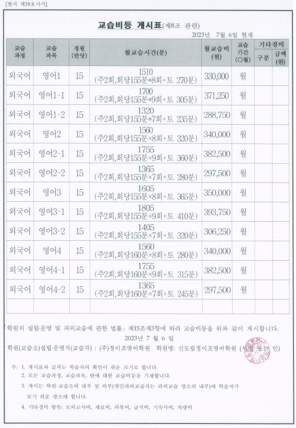 [신도림 캠퍼스] 신도림 정이조영어학원 수강료안내 ^^