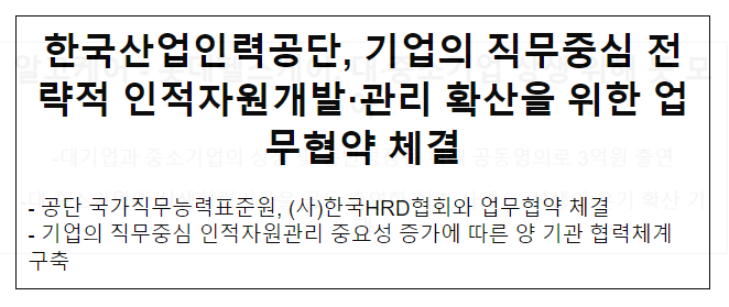 한국산업인력공단, 기업의 직무중심 전략적 인적자원개발·관리 확산을 위한 업무협약 체결