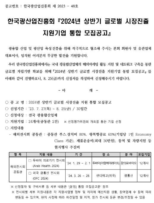 2024년 상반기 광융합산업 글로벌 시장진출 지원기업 통합 모집 공고 2024년 상반기 광융합산업 글로벌 시장진출 지원기업 통합 모집 공고