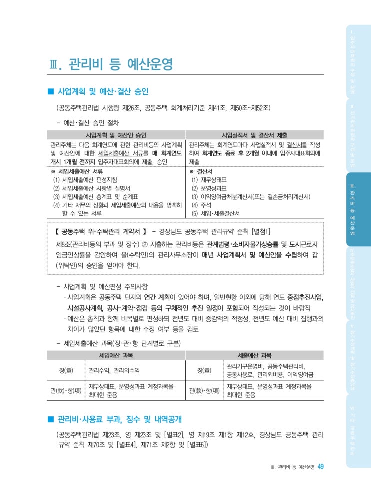   예산운영, 사업계획 및 예산･결산 승인, 관리비･사용료 부과, 징수 및 내역공개, 잡수입 및 예비비 사용, 입대의 및 선관위 운영비,자생단체 구성 및 지원, 이익잉여금 처분