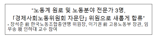 “노동계 원로 및 노동분야 전문가 3명,「경제사회노동위원회 자문단」 위원으로 새롭게 합류” “노동계 원로 및 노동분야 전문가 3명,「경제사회노동위원회 자문단」 위원으로 새롭게 합류”
