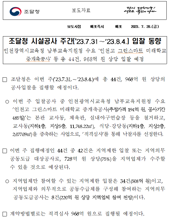 조달청 시설공사 주간(’23.7.31~'23.8.4.) 입찰 동향 조달청 시설공사 주간(’23.7.31~'23.8.4.) 입찰 동향