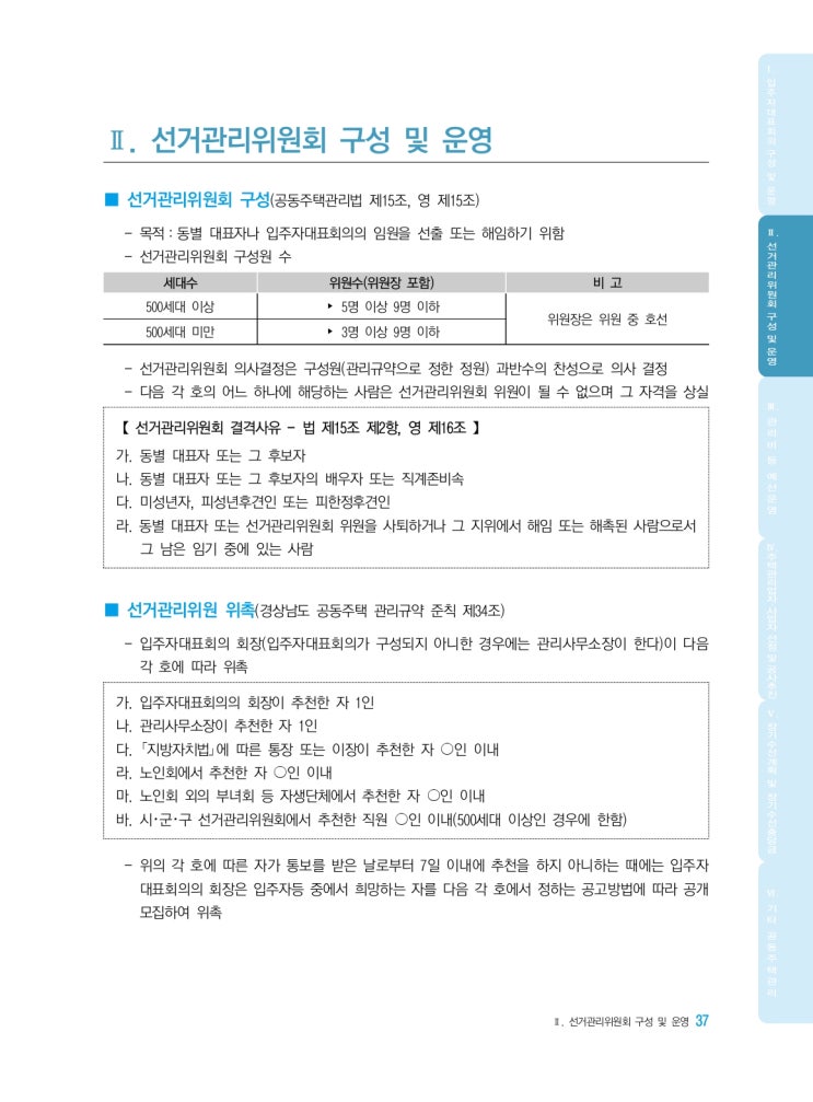   선거관리위원회 구성 및 운영, 선거관리위원 위촉, 선거관리위원 임기 및 자격상실, 선거관리위원회 업무, 운영경비