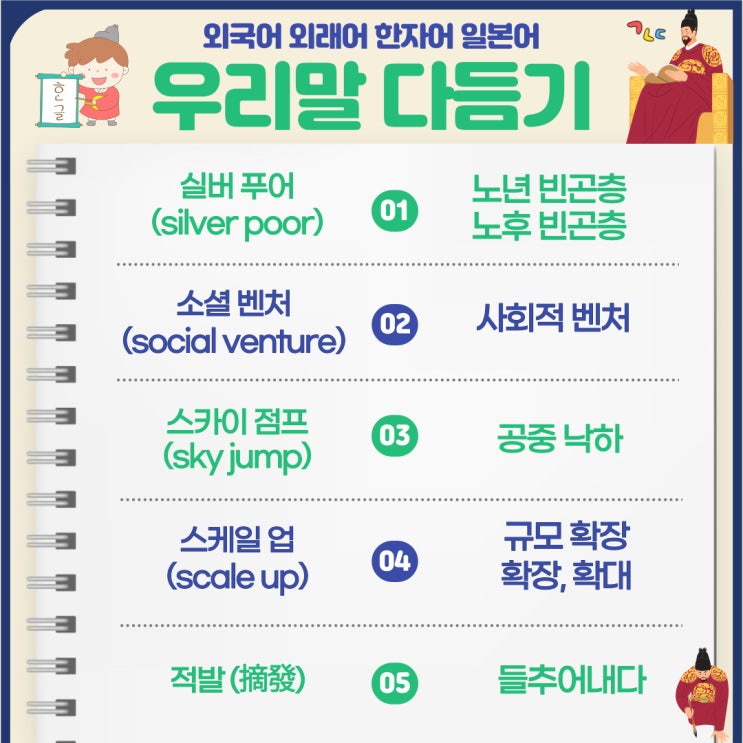  [7월 31일 아름다운 한글사랑] 실버 푸어, 소셜 벤처, 스카이 점프, 스케일 업, 적발을 우리말로 다듬어보자!