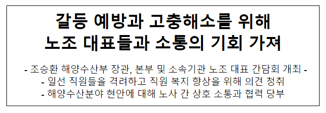 갈등 예방과 고충해소를 위해 노조 대표들과 소통의 기회 가져 갈등 예방과 고충해소를 위해 노조 대표들과 소통의 기회 가져