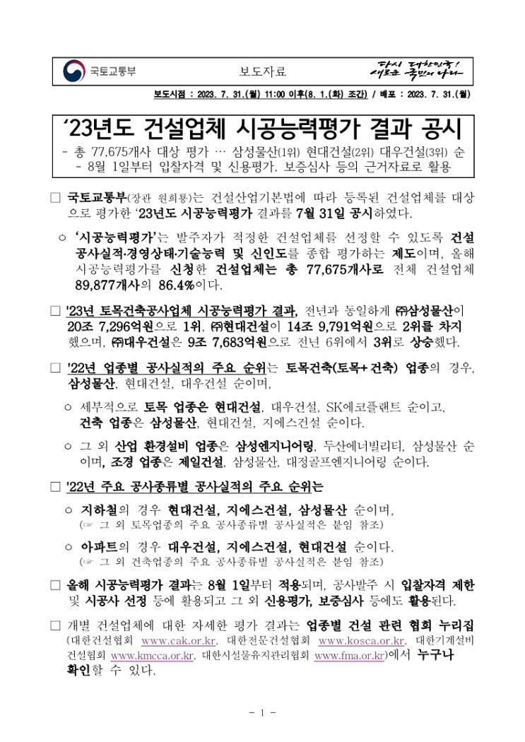  '23년도 건설업체 시공능력평가 결과 공시
