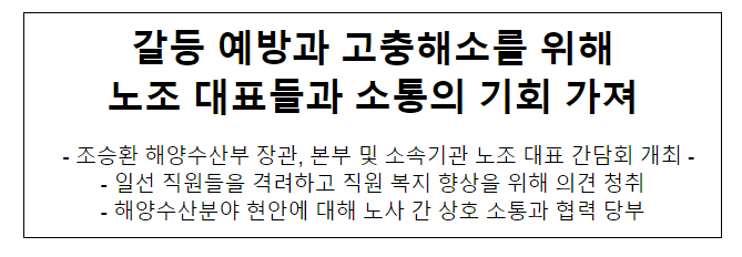 갈등 예방과 고충해소를 위해 노조 대표들과 소통의 기회 가져 갈등 예방과 고충해소를 위해 노조 대표들과 소통의 기회 가져