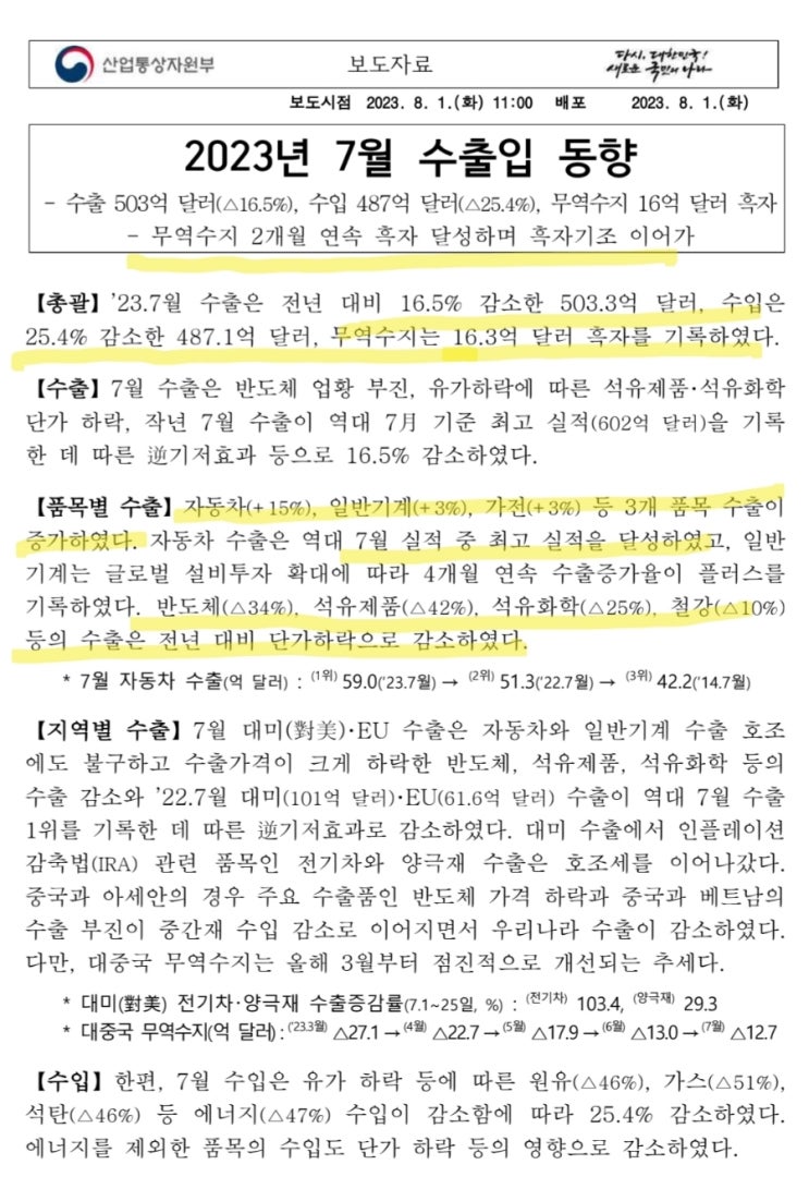  한국 7월 수출입동향(산압통상자원부 발표)