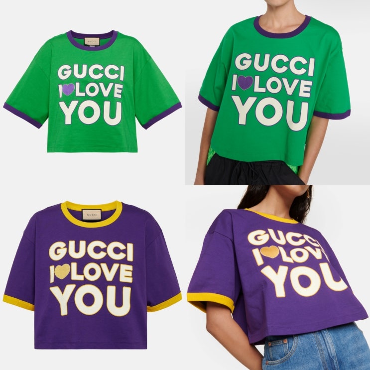  구찌(GUCCI) 프린트 코튼 저지 퍼플/그린 티셔츠