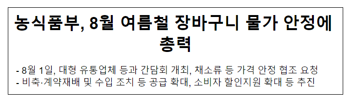농식품부, 8월 여름철 장바구니 물가 안정에 총력 농식품부, 8월 여름철 장바구니 물가 안정에 총력