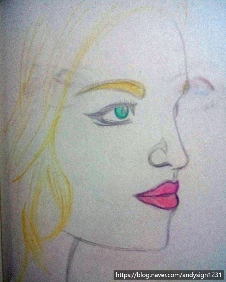 연필 색연필 인물화 그림 : 여성 인물들의 얼굴