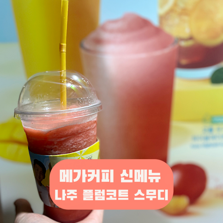  메가커피 나주 플럼코트 스무디 여름 신메뉴 과육이 씹히는 맛있는 음료와 아이스와앙모찌 고흥유자