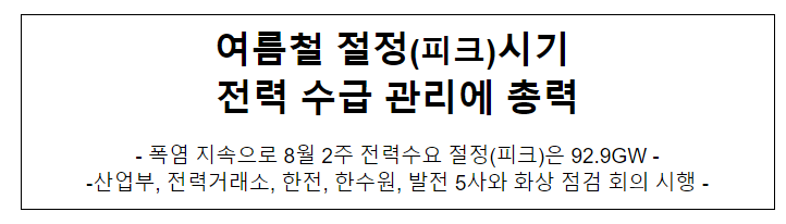 여름철 절정(피크)시기 전력 수급 관리에 총력 여름철 절정(피크)시기 전력 수급 관리에 총력