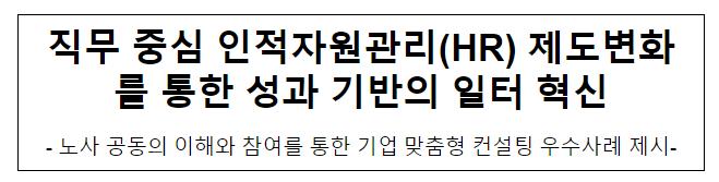 직무 중심 인적자원관리(HR) 제도변화를 통한 성과 기반의 일터 혁신 직무 중심 인적자원관리(HR) 제도변화를 통한 성과 기반의 일터 혁신
