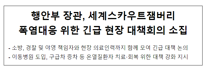 행안부 장관, 세계스카우트잼버리 폭염대응 위한 긴급 현장 대책회의 소집 행안부 장관, 세계스카우트잼버리 폭염대응 위한 긴급 현장 대책회의 소집