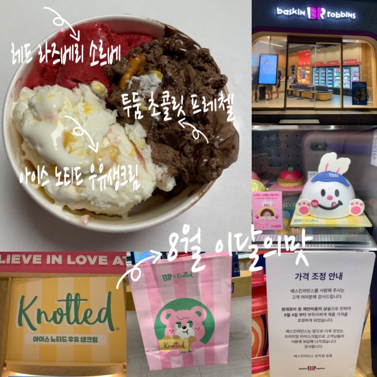 [베스킨라빈스x노티드] 8월 이달의 맛 아이스 노티드 우유생크림, 레드라즈베리소르베, 투둠초콜릿프레첼 솔직후기 (+ 아이스크림 가격, 사이즈, 맛후기, 베라가격인상 소식)