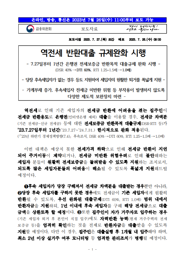  금융위원회역전세반환대출규제완화