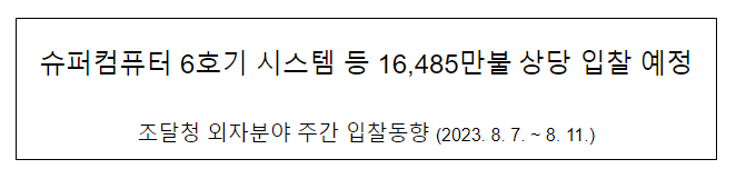슈퍼컴퓨터 6호기 시스템 등 16,485만불 상당 입찰 예정 슈퍼컴퓨터 6호기 시스템 등 16,485만불 상당 입찰 예정