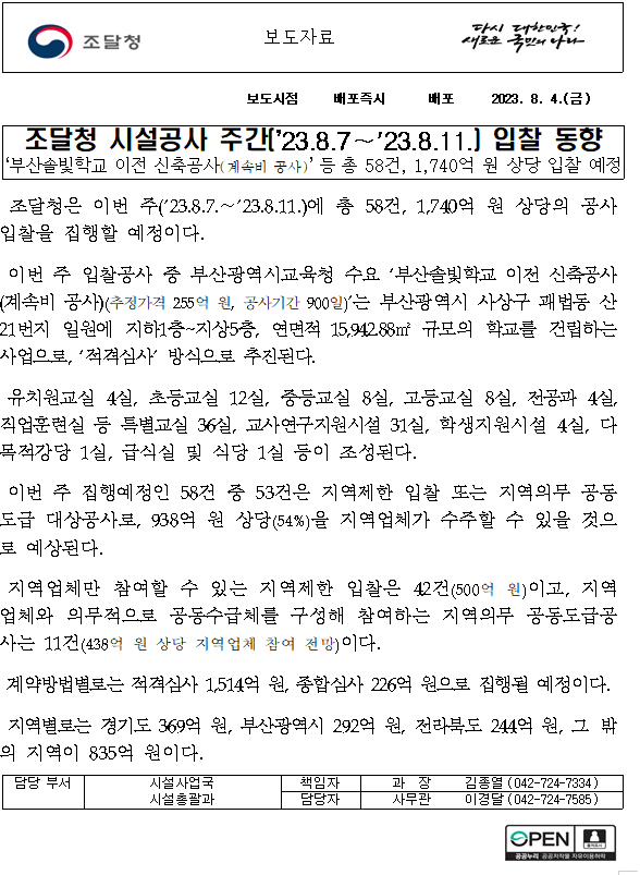조달청 시설공사 주간(’23.8.7~'23.8.11.) 입찰 동향 조달청 시설공사 주간(’23.8.7~'23.8.11.) 입찰 동향