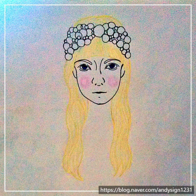 펜 색연필 인물화 그림 : 거품 왕관을 쓴 소녀와 입을 벌린 얼굴 그리기