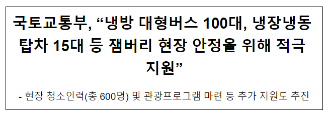 국토교통부, “냉방 대형버스 100대, 냉장냉동 탑차 15대 등 잼버리 현장 안정을 위해 적극 지원” 국토교통부, “냉방 대형버스 100대, 냉장냉동 탑차 15대 등 잼버리 현장 안정을 위해 적극 지원”