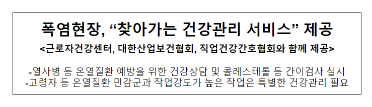 폭염현장, “찾아가는 건강관리 서비스” 제공 폭염현장, “찾아가는 건강관리 서비스” 제공