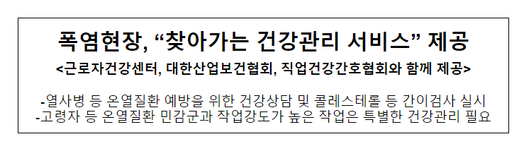 폭염현장, “찾아가는 건강관리 서비스” 제공