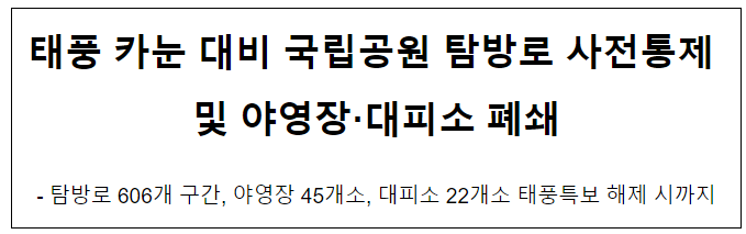 태풍 카눈 대비 국립공원 탐방로 사전통제 및 야영장·대피소 폐쇄 태풍 카눈 대비 국립공원 탐방로 사전통제 및 야영장·대피소 폐쇄
