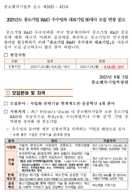 2023년 중소기업 R&D 우수성과 대표기업 50개사 모집 연장공고 2023년 중소기업 R&D 우수성과 대표기업 50개사 모집 연장공고