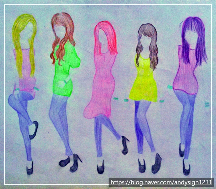 색연필 펜 인물화 그림 : 다섯 명의 소녀들과 얼굴 옆모습 그리기