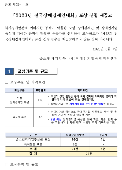 2023년 제18회 전국장애경제인대회 포상 신청 재공고 2023년 제18회 전국장애경제인대회 포상 신청 재공고