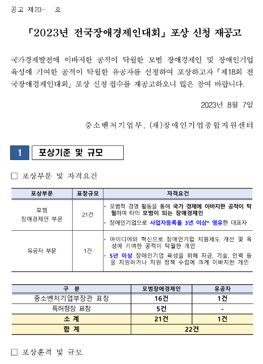 2023년 제18회 전국장애경제인대회 포상 신청 재공고