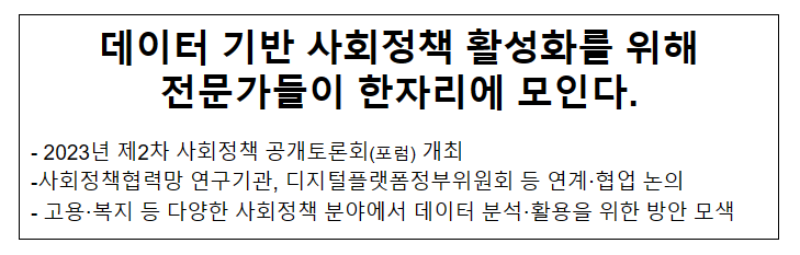 데이터 기반 사회정책 활성화를 위해 전문가들이 한자리에 모인다. 데이터 기반 사회정책 활성화를 위해 전문가들이 한자리에 모인다.