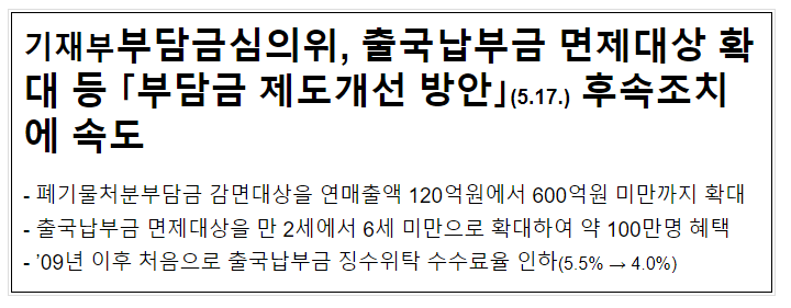 기재부부담금심의위, 출국납부금 면제대상 확대 등 「부담금 제도개선 방안」(5.17.) 후속조치에 속도 기재부부담금심의위, 출국납부금 면제대상 확대 등 「부담금 제도개선 방안」(5.17.) 후속조치에 속도