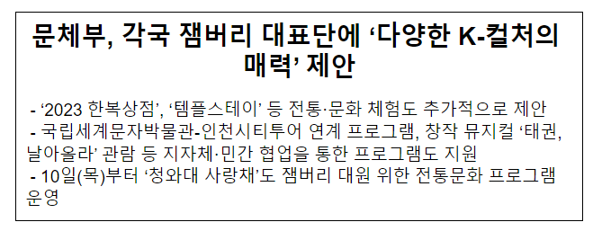 문체부, 각국 잼버리 대표단에 ‘다양한 K-컬처의 매력’ 제안 문체부, 각국 잼버리 대표단에 ‘다양한 K-컬처의 매력’ 제안