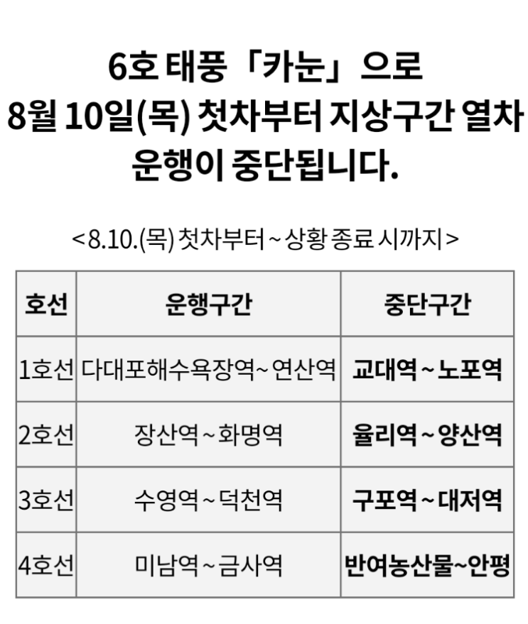 부산 지하철 운행 중단(예정) 안내. 태풍 카눈 첫차부터 지상구간 열차 운행 중단안내 부산 지하철 운행 중단(예정) 안내. 태풍 카눈 첫차부터 지상구간 열차 운행 중단안내