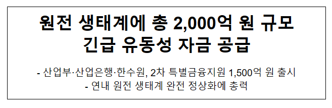 원전 생태계에 총 2,000억 원 규모 긴급 유동성 자금 공급 원전 생태계에 총 2,000억 원 규모 긴급 유동성 자금 공급