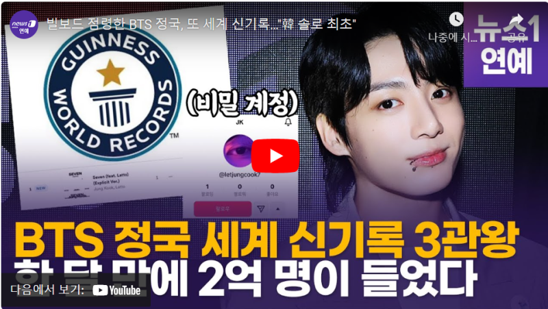 BTS 정국 세계 신기록 3관왕, 한 달에 2억 명이 들었다