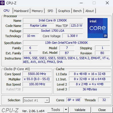 인텔 코어 i9-13900K 프로세서36M 캐시, 최대 5.80GHz 랩터레이크 CPU-Z