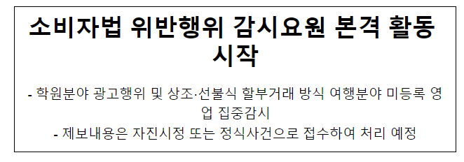 소비자법 위반행위 감시요원 본격 활동 개시 소비자법 위반행위 감시요원 본격 활동 개시