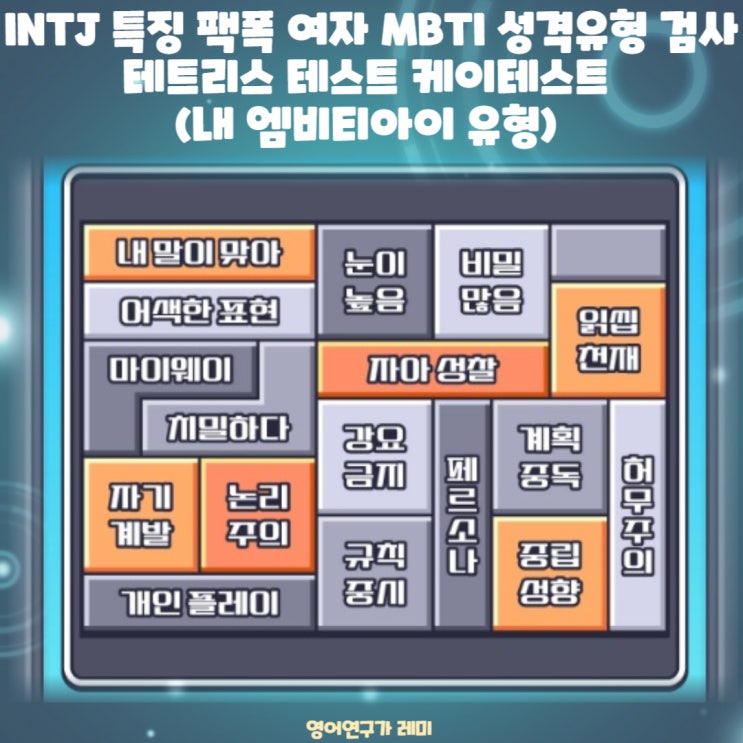 INTJ 특징 팩폭 여자 MBTI 성격유형 검사 테트리스 테스트 케이테스트 (내 엠비티아이 유형) INTJ 특징 팩폭 여자 MBTI 성격유형 검사 테트리스 테스트 케이테스트 (내 엠비티아이 유형)