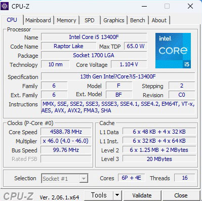 인텔 코어 i5-13400F 프로세서 (랩터레이크, 20M 캐시, 최대 4.60GHz) cpu-z