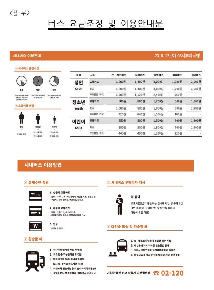  서울시, 8월 12일(토) 부터 서울버스 요금 조정 시행