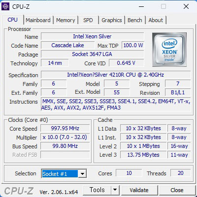 인텔 제온 스케일러블 실버 4210R (캐스케이드레이크) cpu-z